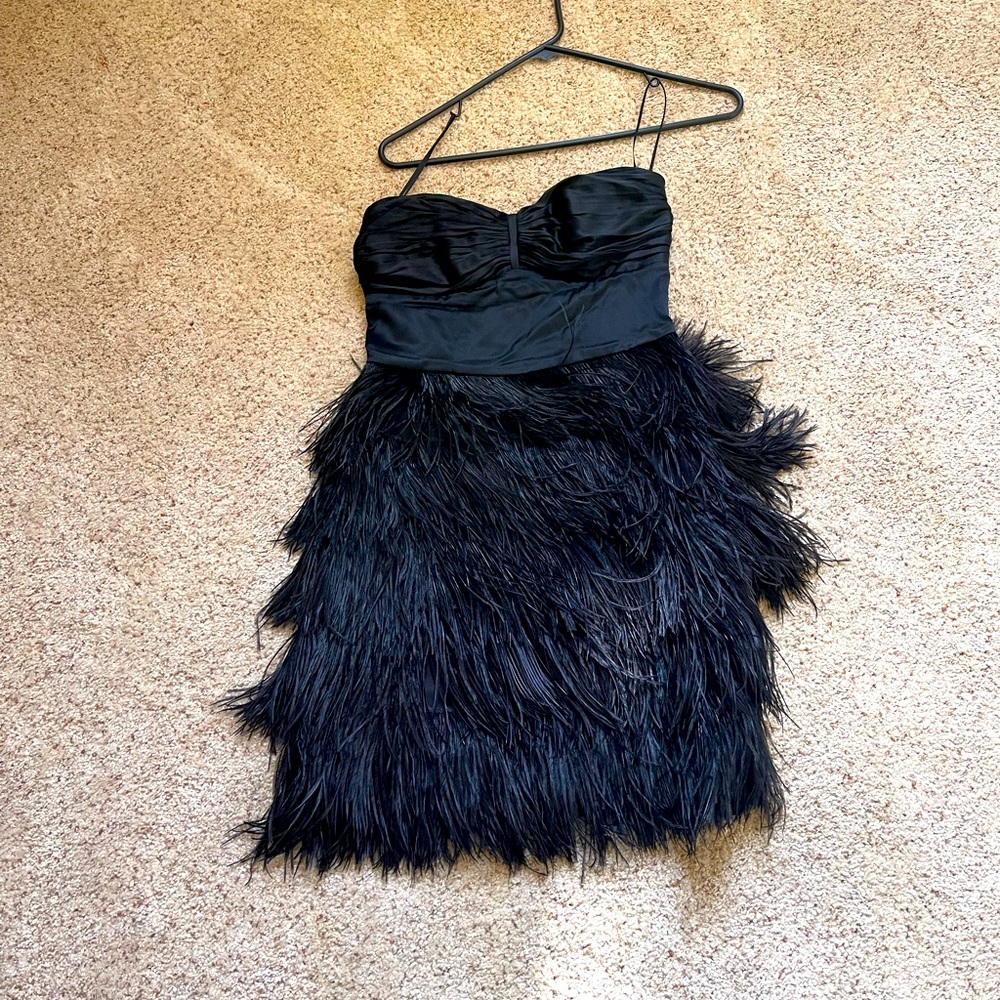 Express Ostrich feather strapless dress.
